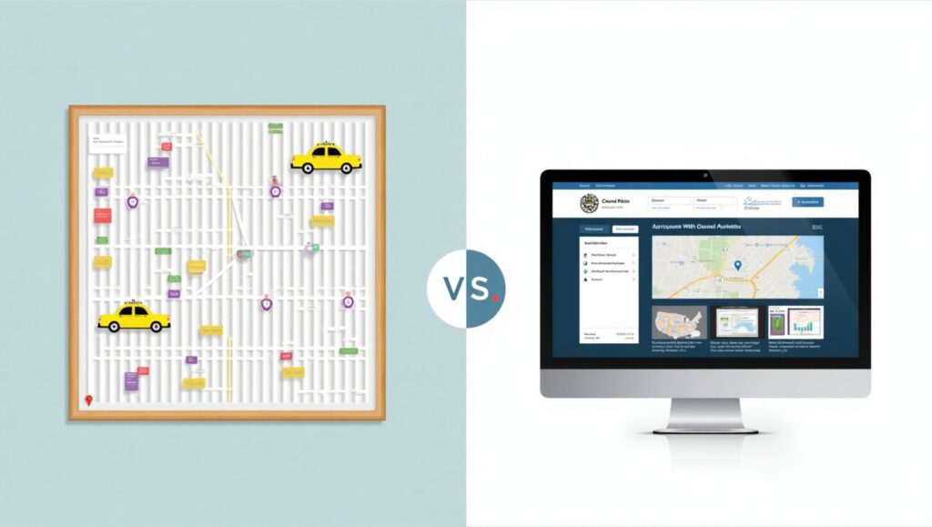 Manual vs. digital cab dispatcher comparison for UK taxi firms.