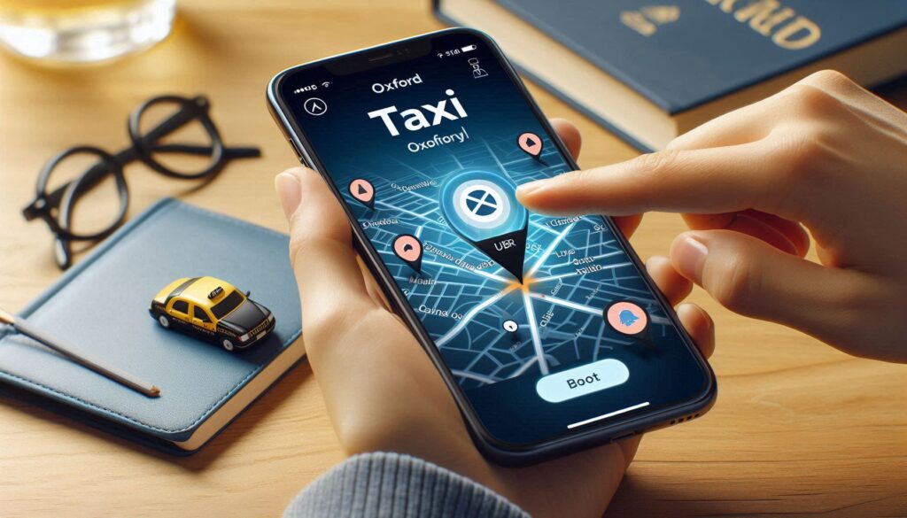 Smartphone app booking a taxi in Oxford with map pins at train station and university