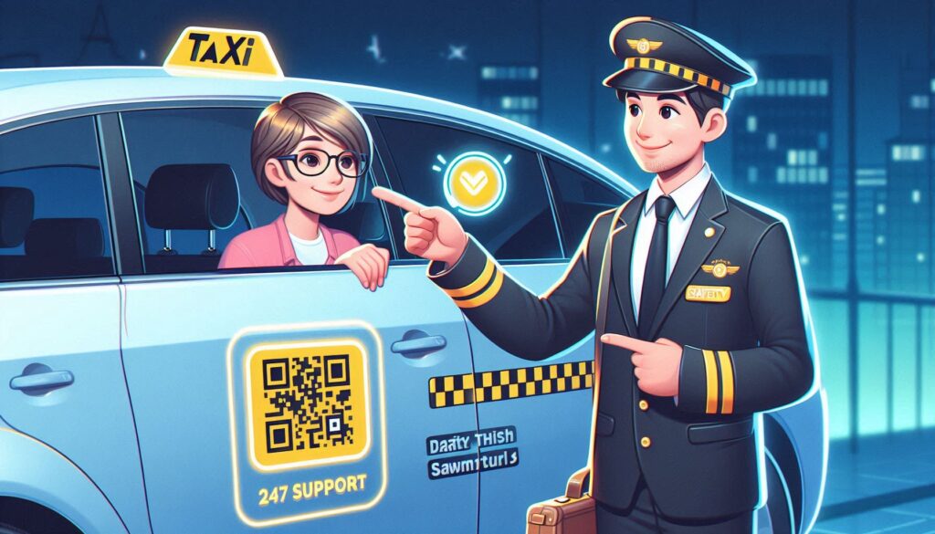 Taxi driver showing safety QR code and 24/7 support badge, trusted Oxford cab service