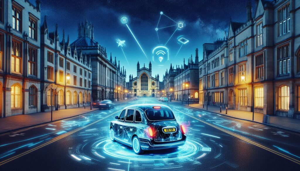 Futuristic taxi with holographic AI navigation passing Oxford’s historic landmarks at night.