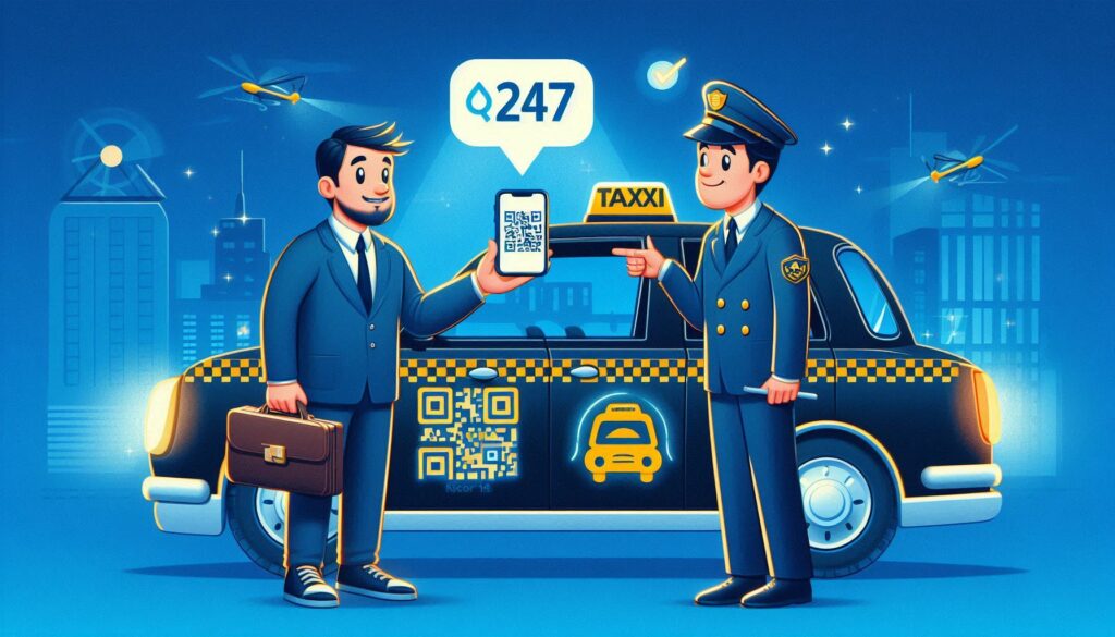 Taxi driver showing safety QR code and 24/7 support badge, trusted Oxford cab service