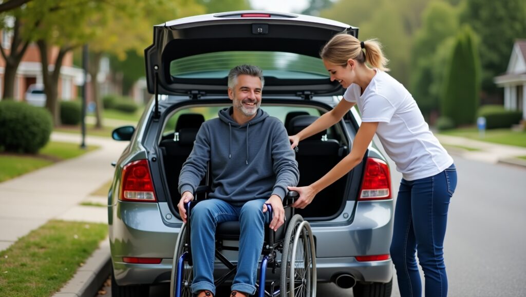 smiling next to a wheelchair-accessible taxi, highlighting affordable transportation.