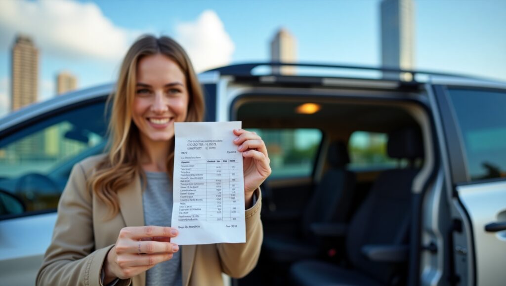 A person holding a receipt with a low fare, smiling next to a wheelchair-accessible taxi, highlighting affordable transportation.