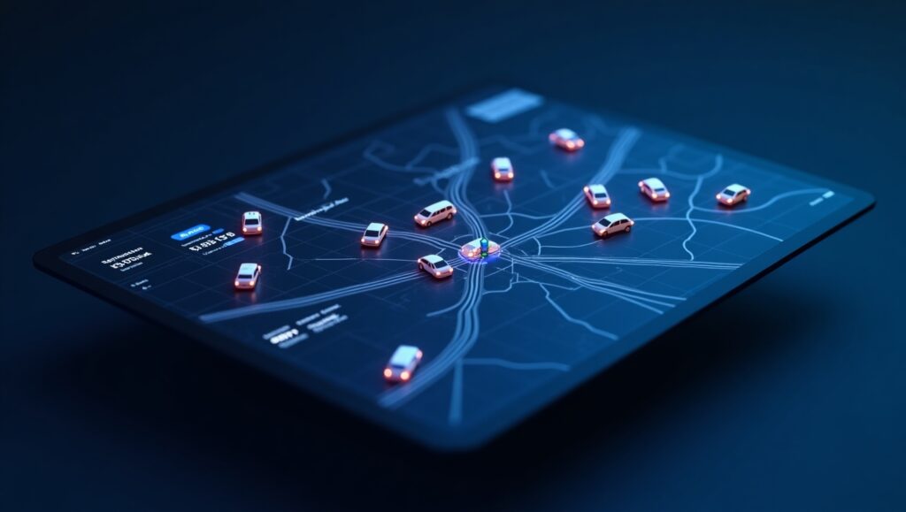 Real-time taxi dispatch software managing fleet routes with AI optimization