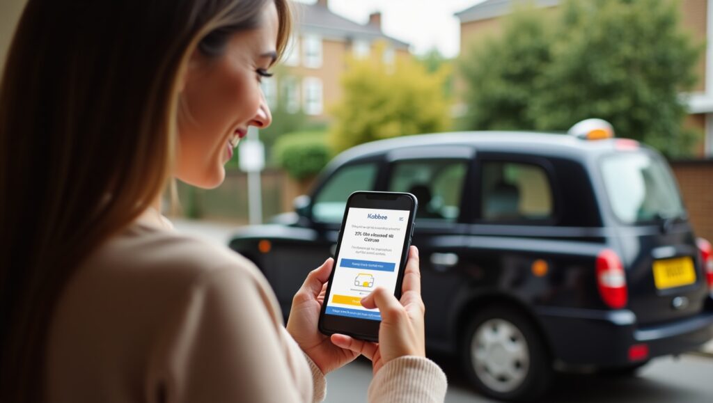 Woman using Kabbee taxi app to book a minicab