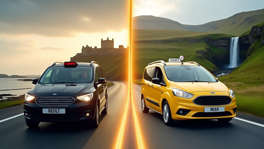 Kirkcaldy taxis vs. Neath taxis: A split-screen comparison of black taxi driving along Fife coastline and yellow minivan in Neath’s green hills, connected by a glowing map