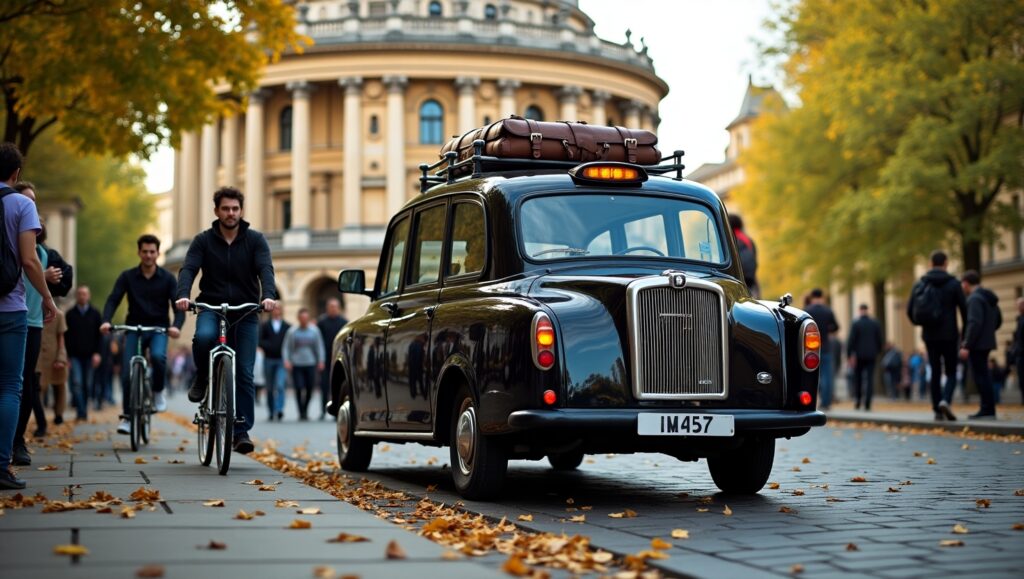 Black oxford taxi near Radcliffe Camera in Oxford, blending historic architecture with modern transportation.