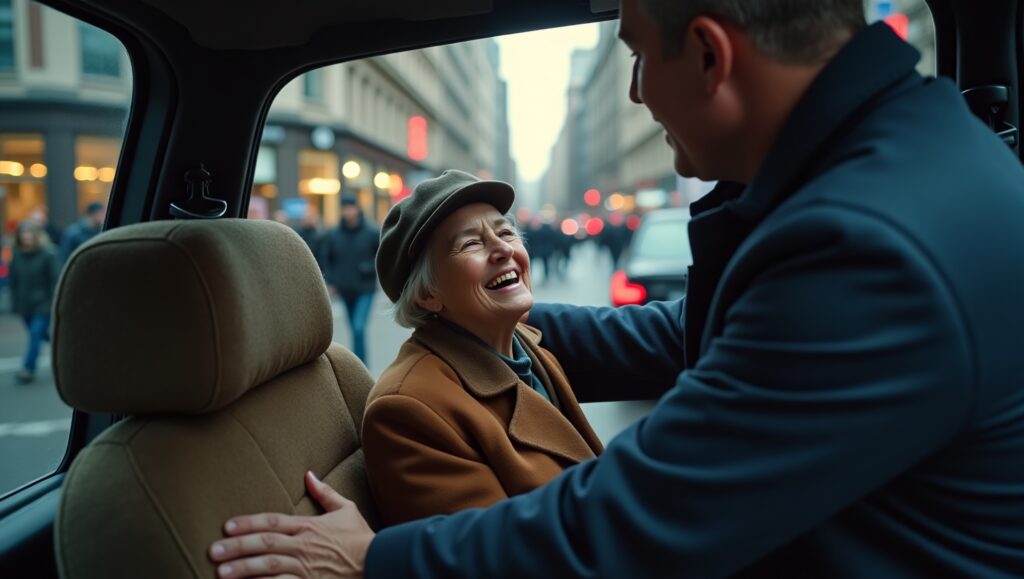 Close-up of a swivel seat in a London Black Taxi, with a driver assisting an elderly passenger into the vehicle in a busy city setting.