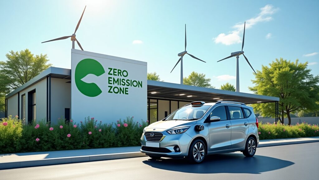 Electric taxi charging in Oxford’s Zero Emission Zone with solar panels and wind turbines.