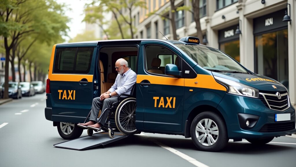 A modern wheelchair accessible taxi with a ramp deployed, parked on a city street, with a driver assisting a wheelchair user. The scene is bright and welcoming, with a focus on accessibility and inclusivity.