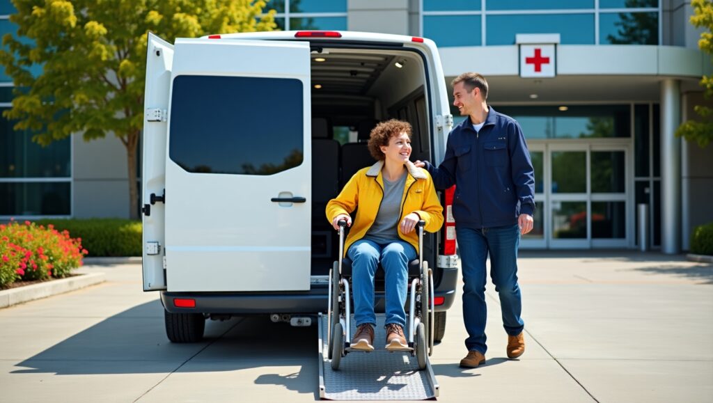 A wheelchair user entering an accessible van via a ramp, with a driver assisting, parked outside a hospital entrance.