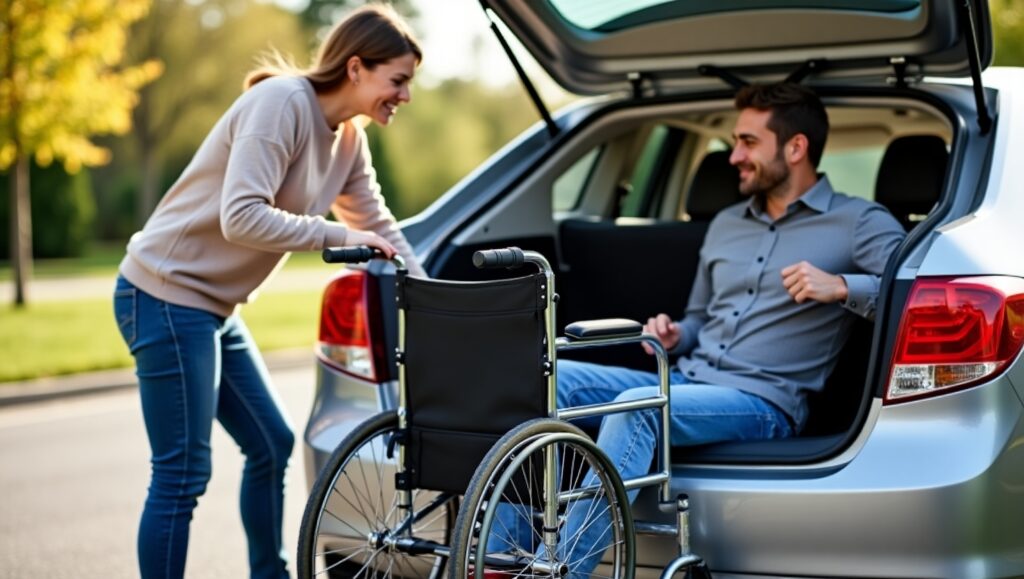 A driver assisting a passenger with a foldable wheelchair, loading it into the trunk of a sedan in a quiet suburban neighborhood.