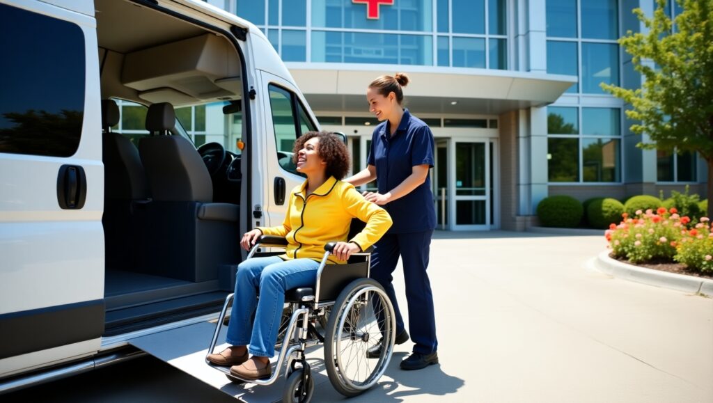 A wheelchair user entering an accessible van via a ramp, with a driver assisting, parked outside a hospital entrance.