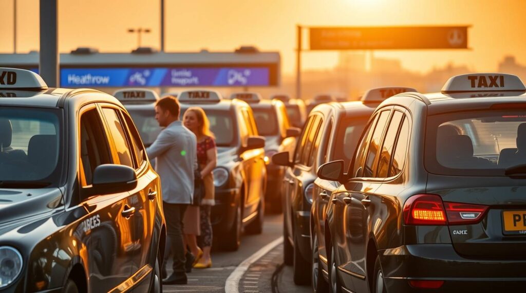 Line of modern accessible taxis at Heathrow Airport, diverse passengers boarding including wheelchair user, airport signage visible