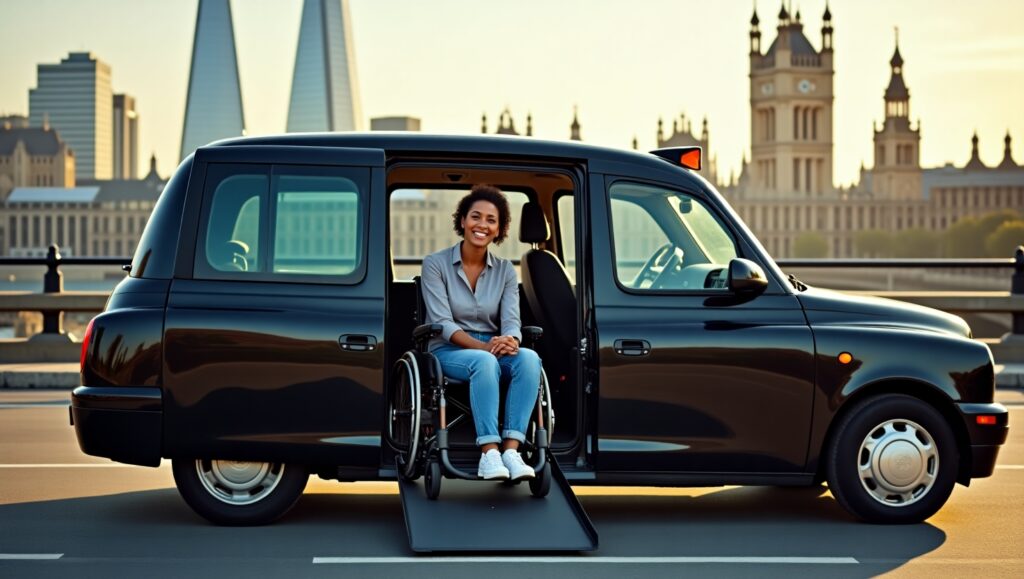 Wheelchair accessible taxi with ramp in London streets