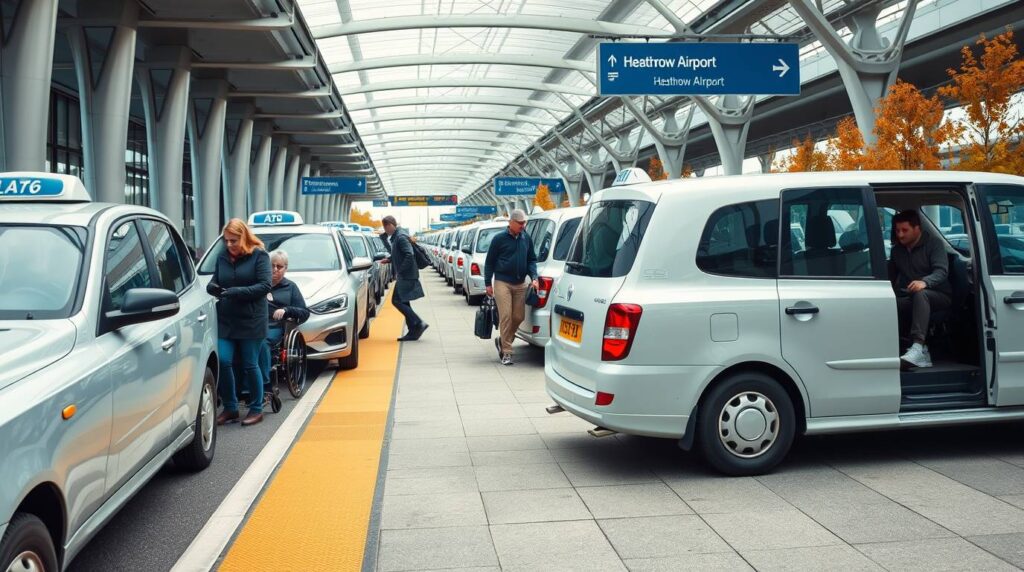 Line of modern accessible taxis at Heathrow Airport, diverse passengers boarding including wheelchair user, airport signage visible 2