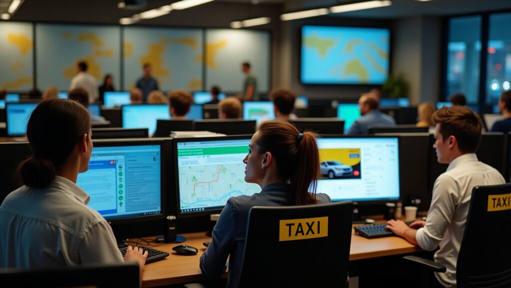 A busy taxi dispatch center with operators working on computers, multiple screens showing booking software, and drivers communicating via