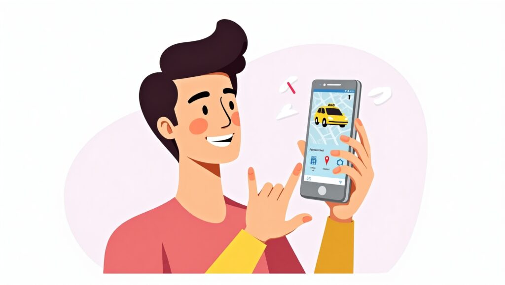 A digital illustration of a customer holding a smartphone, tracking their ride in real-time using a taxi app. The background is minimalist, with clear icons representing the booking process.