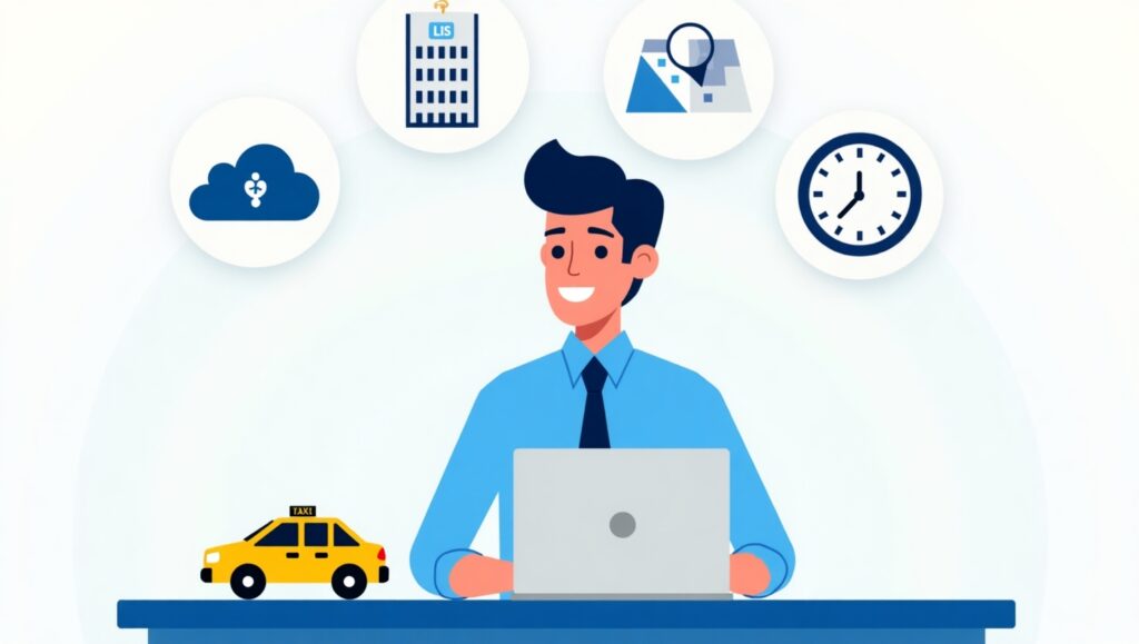 A digital illustration of a customer holding a smartphone, tracking their ride in real-time using a taxi app. The background is minimalist, with clear icons representing the booking process.