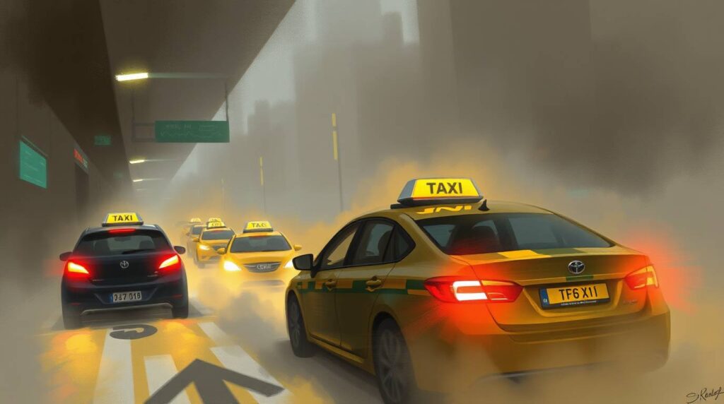 A futuristic digital illustration of an AI-powered dispatch system with glowing icons representing predictive analytics, real-time tracking, and optimized routes for taxis.