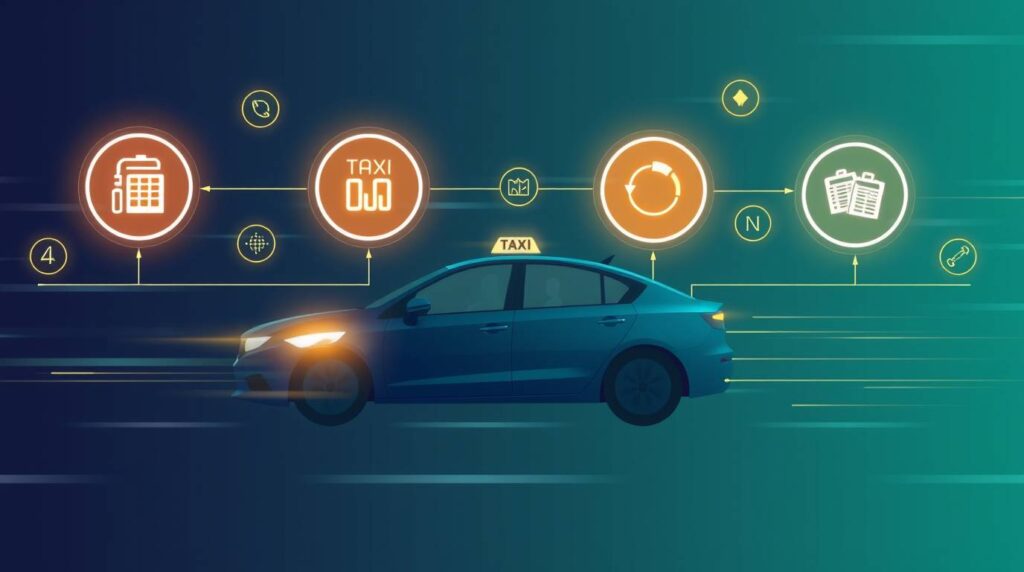 A futuristic digital illustration of an AI-powered dispatch system with glowing icons representing predictive analytics, real-time tracking, and optimized routes for taxis.