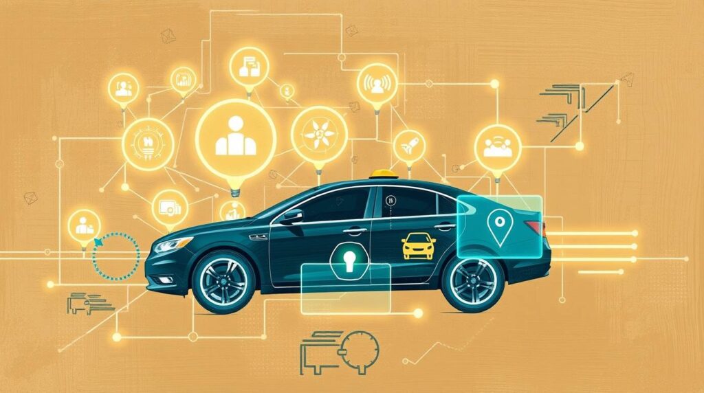 A futuristic digital illustration of an AI-powered dispatch system with glowing icons representing predictive analytics, real-time tracking, and optimized routes for taxis.