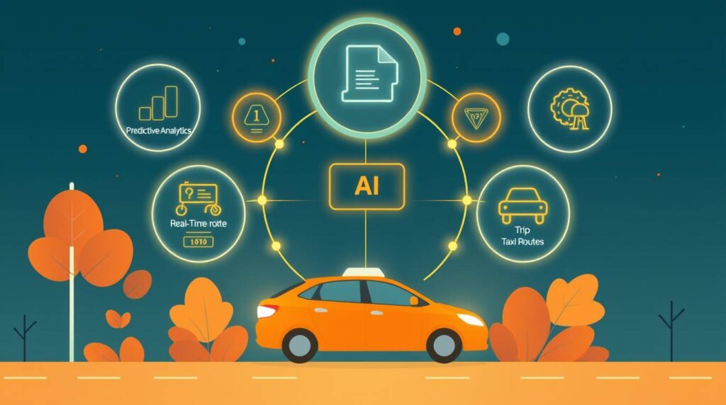 A futuristic digital illustration of an AI-powered dispatch system with glowing icons representing predictive analytics, real-time tracking, and optimized routes for taxis.