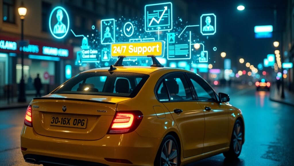 A futuristic yellow taxi in London at night, with a glowing '24/7 Support' neon sign on its roof, surrounded by semi-transparent holographic call center agents and digital graphs showing cost savings, ultra-detailed, cyberpunk lighting, dark blue and neon yellow color scheme, 8K, cinematic.