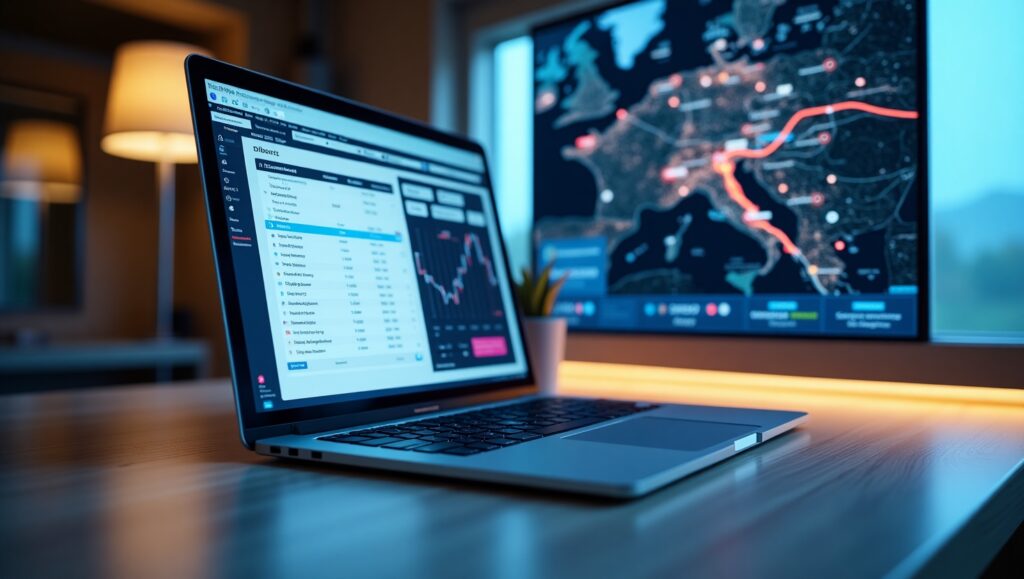 A sleek design showing various tech tools used in outsourcing dispatch services, such as cloud-based systems, GPS maps, and a laptop with dispatch software visible on the screen.