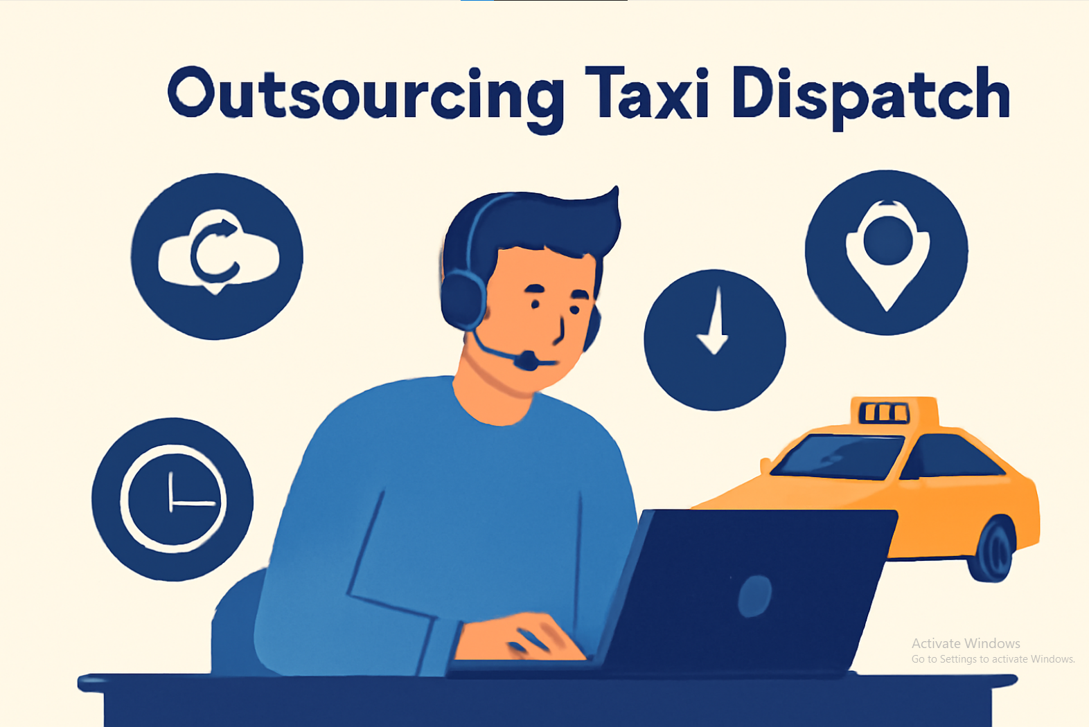 A digital infographic titled "Outsourcing Taxi Dispatch Services" featuring bold, dark blue text on a light beige background, with sections depicting a dispatcher at a desk, a map on a device with a route, a yellow taxi, and a customer holding a smartphone. The design incorporates clean lines and modern color palettes of blues, yellows, and oranges.