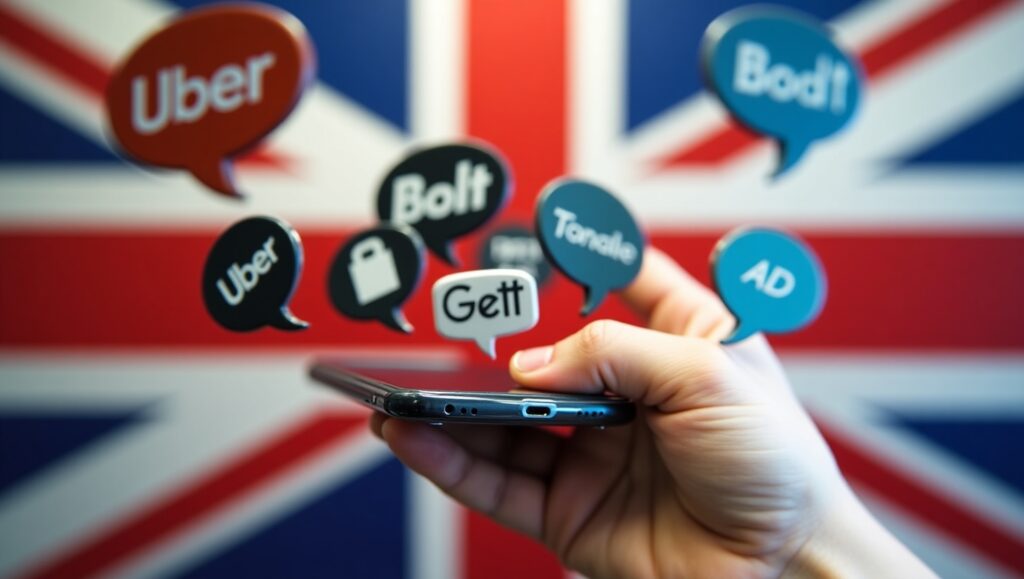 A modern, clean composition showing a smartphone held in hand with multiple taxi icons (Uber, Bolt, Gett, Addison Lee) popping out; subtle UK flag motif in the background; bright, inviting color scheme.