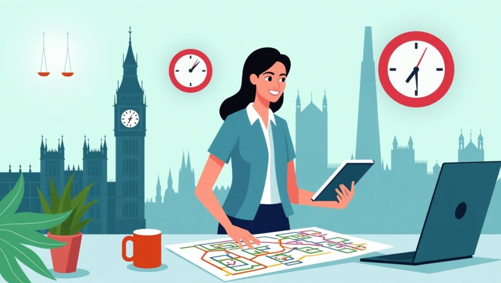 work-life balance for London transport planners. Show a diverse professional (mid-30s, business casual) smiling while reviewing a transport map on a tablet, with a hybrid workspace blending London landmarks (Big Ben/The Shard) and home elements (coffee mug, houseplant). Use a fresh blue/green color scheme with soft sunlight effects. Include subtle icons representing balance (scales), time (clock), and transport (Underground logo). Style: Contemporary digital illustration with clean lines and positive vibe