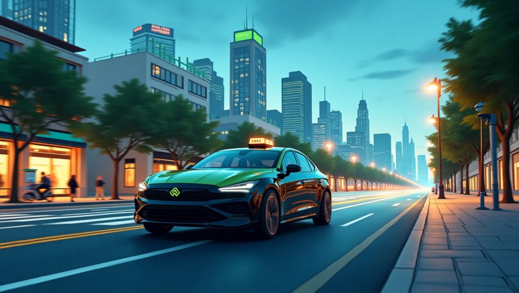 showcasing a sleek electric taxi driving through a clean, modern cityscape at dusk. The taxi should be a futuristic, black-and-green cab with subtle LED lighting accents, gliding smoothly along a wide avenue lined with trees and low-emission bike lanes. In the background, include softly glowing skyscrapers with green roofs and solar panels, and a subtle hint of a charging station at a curbside stand. The sky should be a deepening twilight blue with warm streetlights reflecting off wet pavement, suggesting a fresh, clean environment. Use a semi-realistic style with vibrant but balanced colors to emphasize eco-friendly innovation, and position the taxi slightly off-center, angled toward the viewer, to convey motion and optimism.