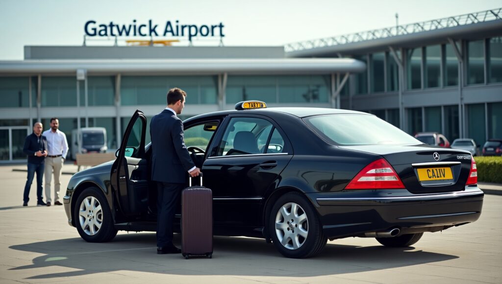Gatwick Airport taxi services. The image should show a professional taxi (black cab or executive car) parked outside Gatwick Airport, with visible airport signage in the background. Include a well-dressed driver opening the door for a traveler with luggage. The setting should be daytime with clear skies, and the mood should feel safe, efficient, and welcoming — ideal for business or travel-focused content.