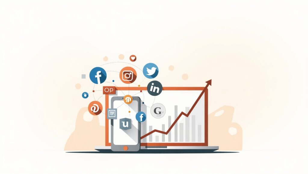 Modern, clean abstract digital illustration for a featured blog image: a central smartphone and laptop screen displaying floating social media icons (Facebook, Instagram, LinkedIn, Twitter), with upward-trending graph lines and engagement symbols (likes, comments) orbiting around. Integrate a subtle GN monogram watermark in the background. Use a color palette of orange, gray, and white, in a flat vector style with slight gradients and dynamic composition to convey growth and connectivity.