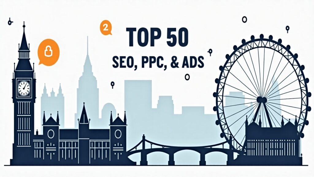 a sleek, modern featured image for a blog titled "Top 50 UK SEO, PPC & Ads Agencies 2025". Blend iconic UK landmarks (e.g., Big Ben, London Eye) with graphic symbols of digital marketing (SEO magnifying glass, PPC cursor, ad network nodes). Use a professional, tech‑inspired color palette (navy blue, white, and a pop of orange), and overlay the title in bold, clean typography centered at the top.